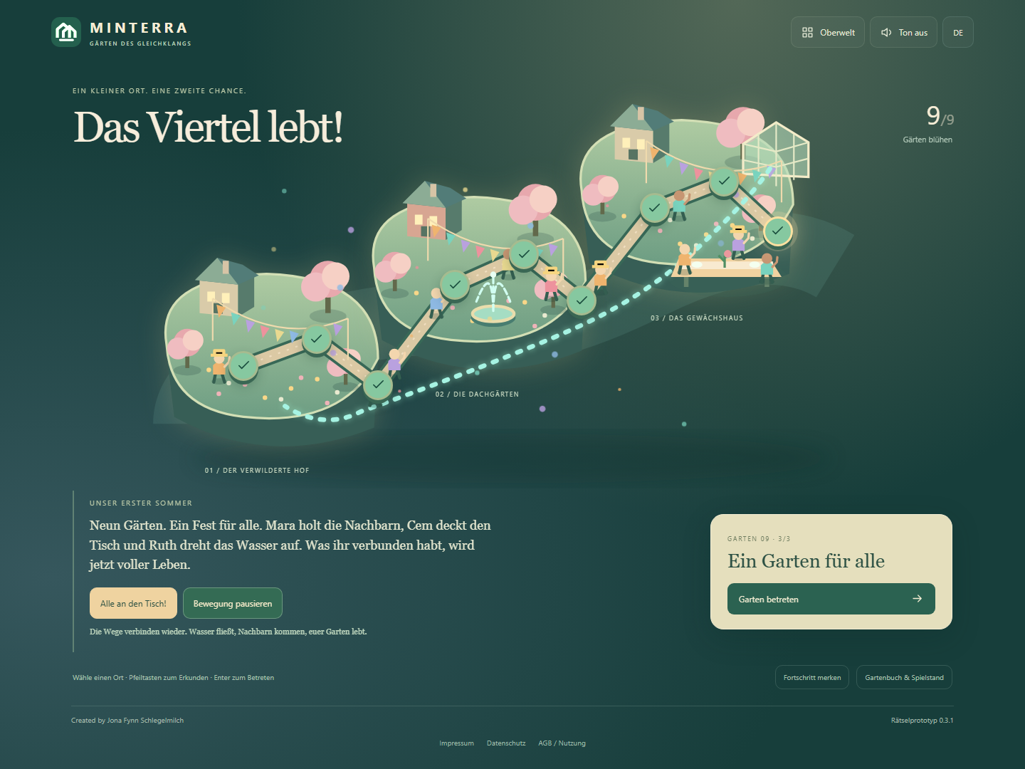 Die belebte MINTERRA-Oberwelt mit Nachbarn, Brunnen und Gartenfest