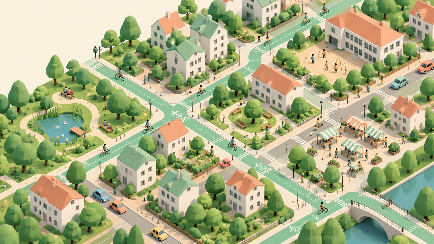 Stilisierter Game-Look mit hellen Low-Poly-Häusern, mintfarbenen Wegen und vereinfachten Spielfiguren