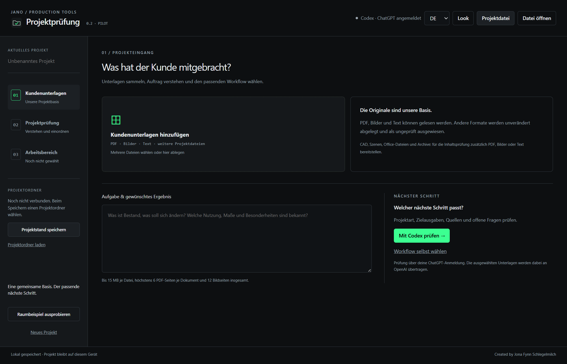 BRIEFO mit leerem Projekteingang, Kundenunterlagen und Workflow-Auswahl